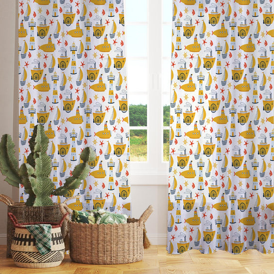 Yellow Marine Vehicles Sheer Curtain for Kids Room, Lightweight Submarine Sailing Ship Nursery Net Voile, Baby Room Window Drapes,