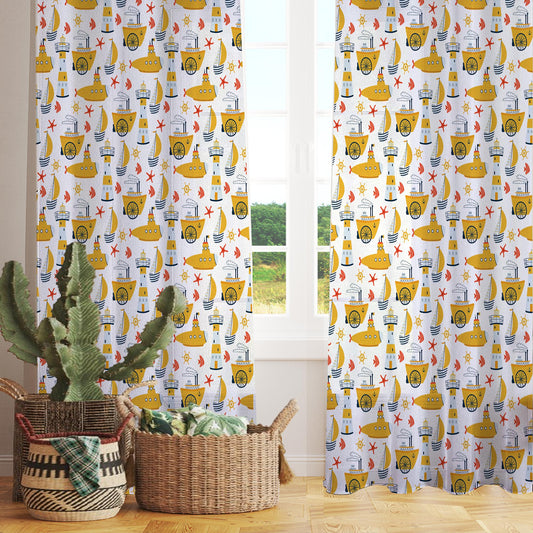 Yellow Marine Vehicles Sheer Curtain for Kids Room, Lightweight Submarine Sailing Ship Nursery Net Voile, Baby Room Window Drapes,