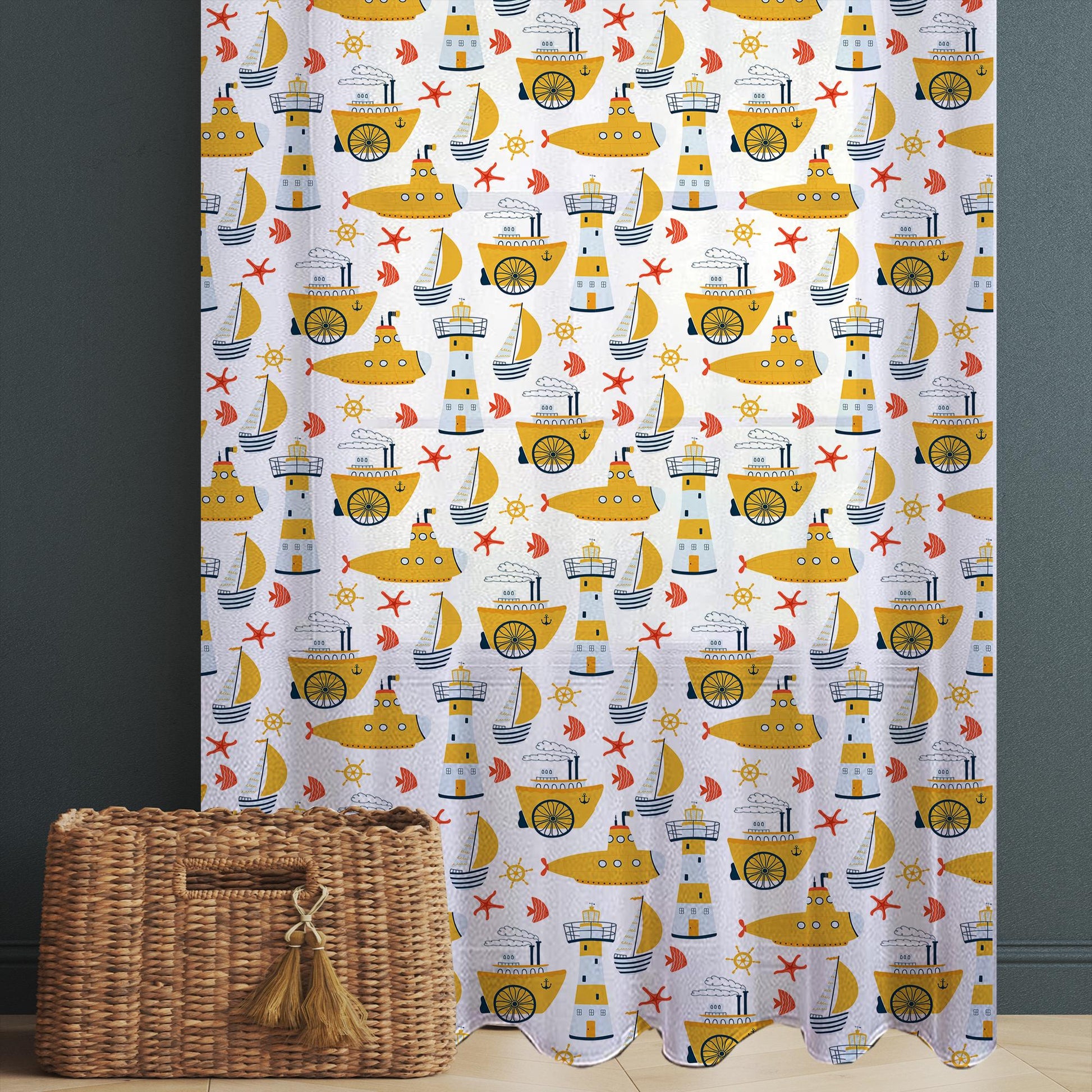Yellow Marine Vehicles Sheer Curtain for Kids Room, Lightweight Submarine Sailing Ship Nursery Net Voile, Baby Room Window Drapes,