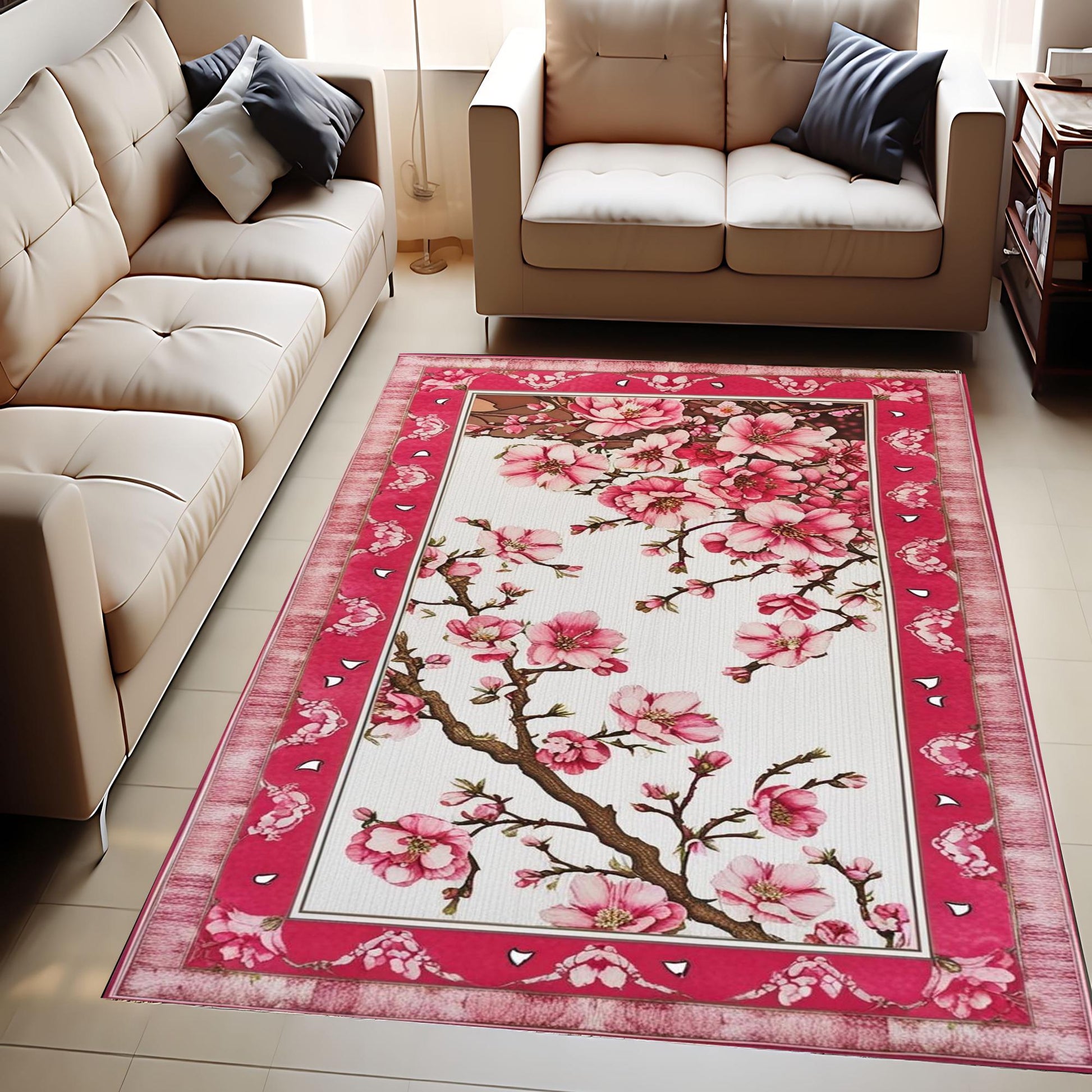 Cherry Blossom Rug Vintage Look Pink Rug Cozy Cottagecore Home Decor Cute Bedroom Aesthetic Girly Room Decor