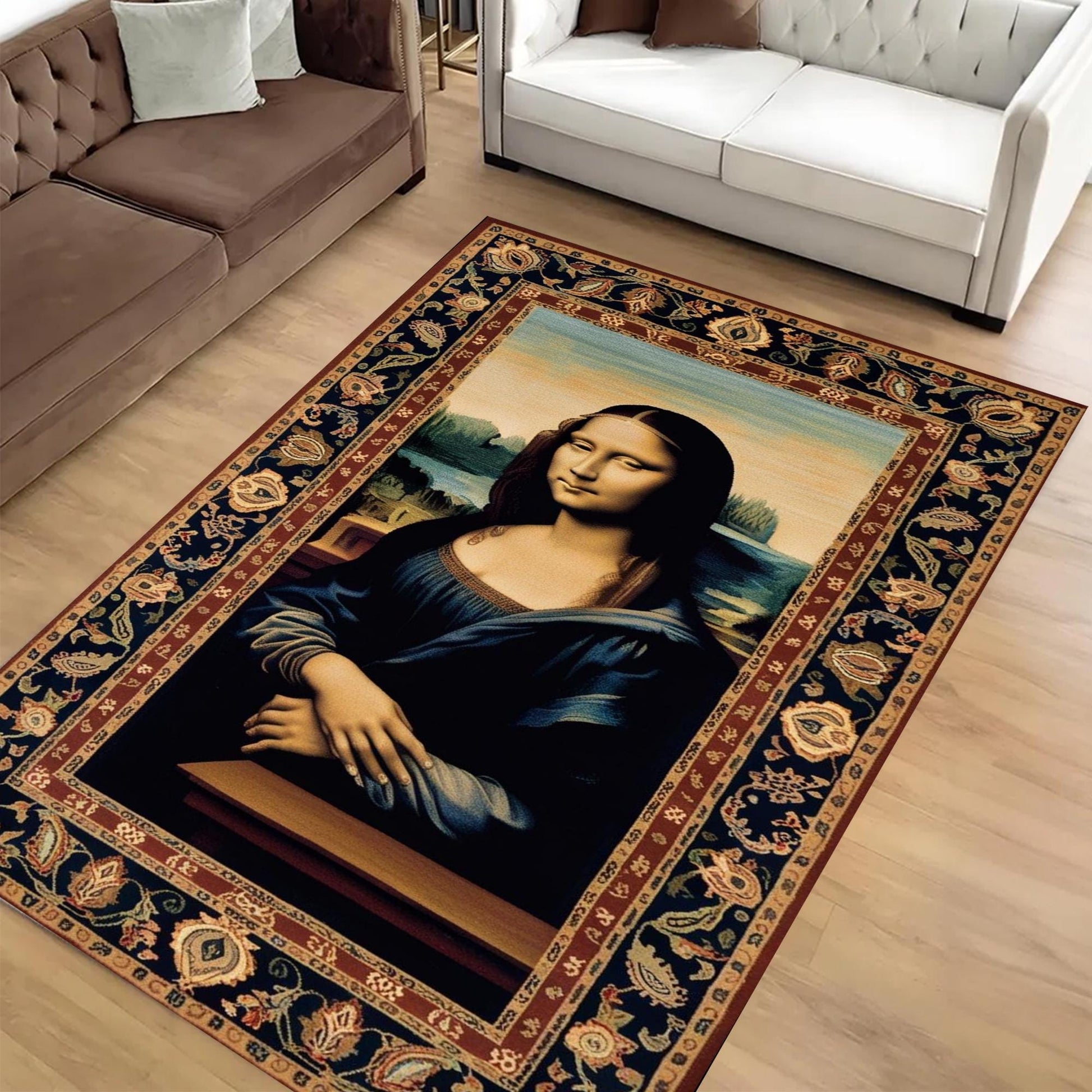 Mona Lisa Rug – Patterned Area Rug Featuring Leonardo da Vinci’s Famous Painting, Classical Art Decor, Unique Gift for Art Lovers