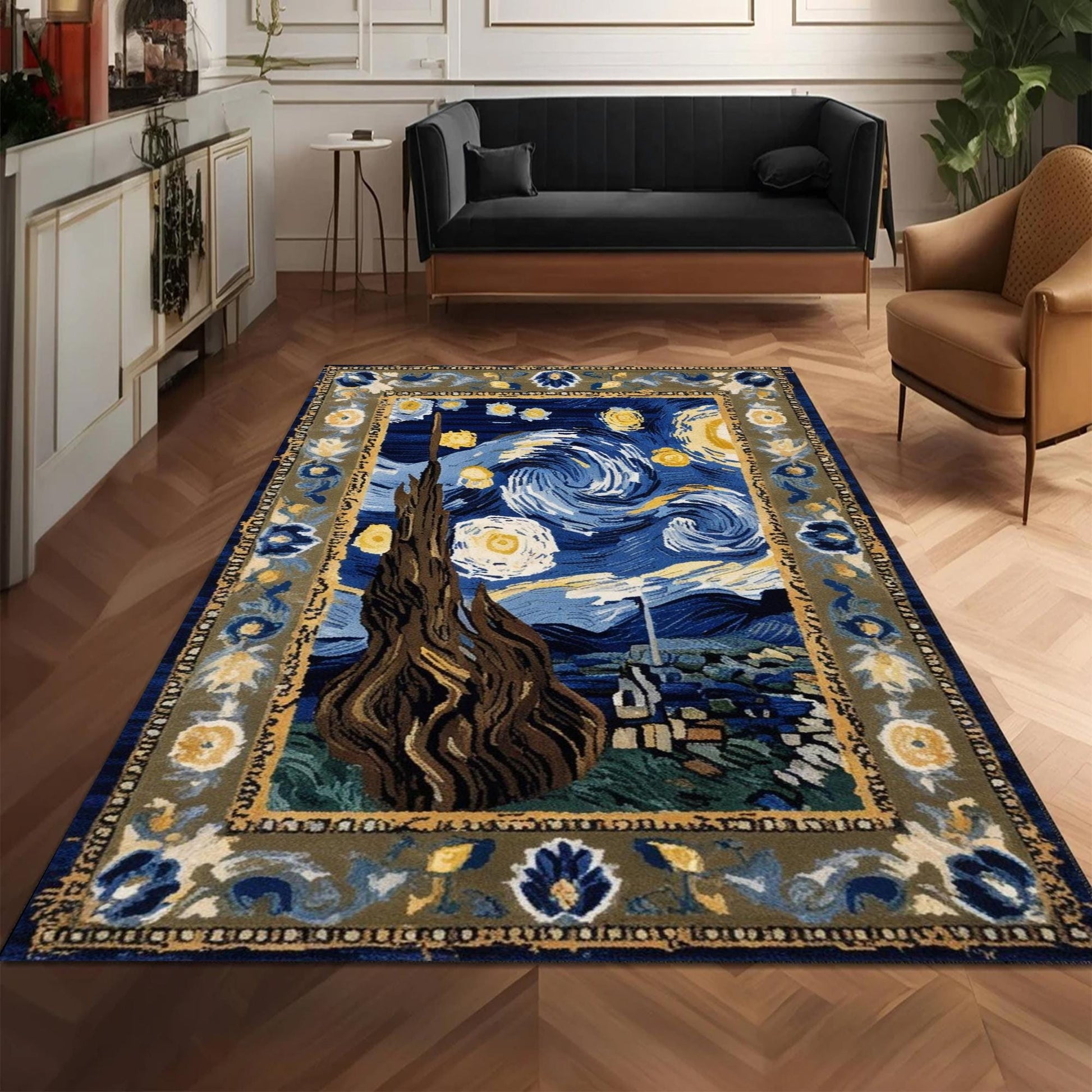 Vincent Van Gogh Starry Night Oriental Rug - Traditional Area Rug, Art-Inspired Carpet for Living Room & Bedroom Decor