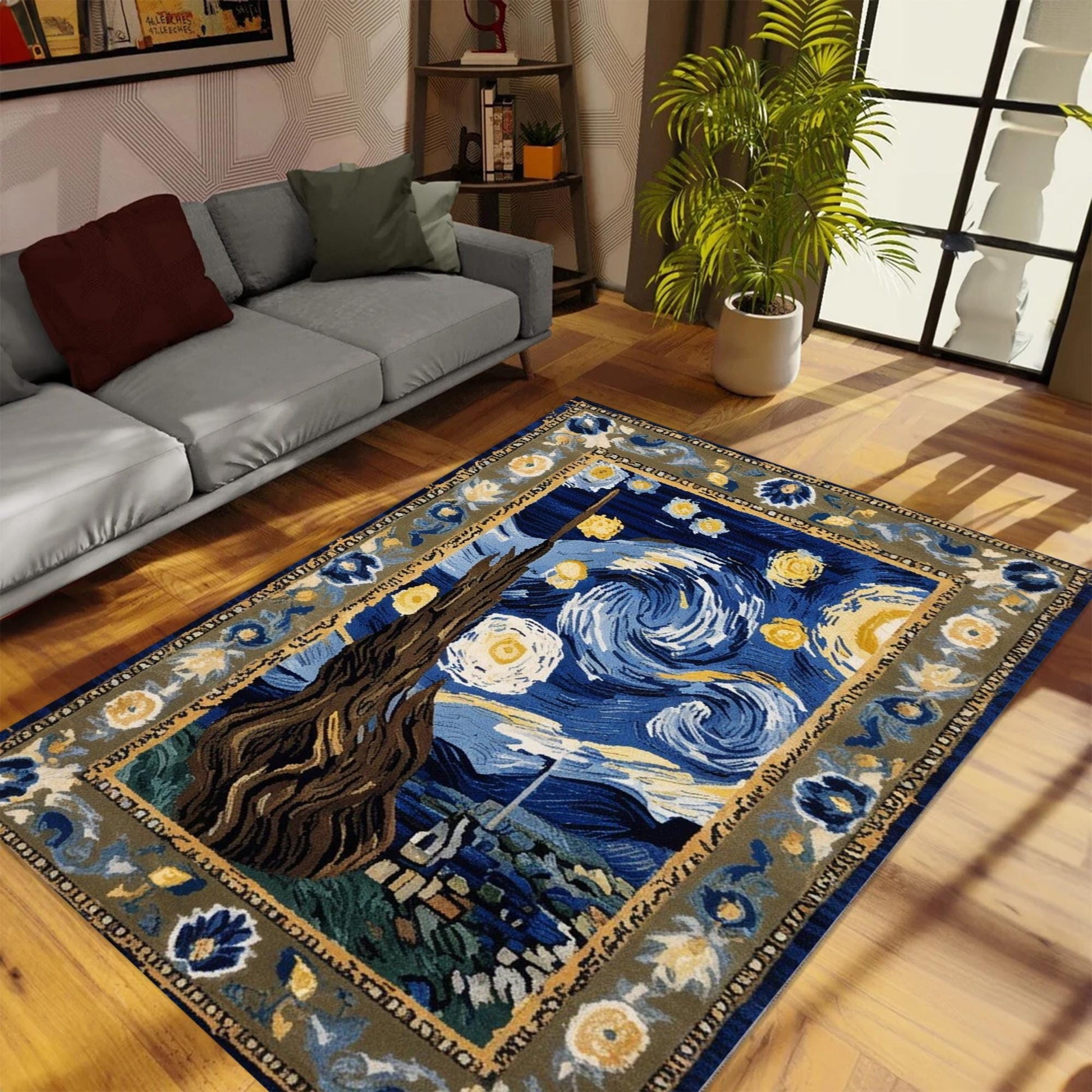 Vincent Van Gogh Starry Night Oriental Rug - Traditional Area Rug, Art-Inspired Carpet for Living Room & Bedroom Decor