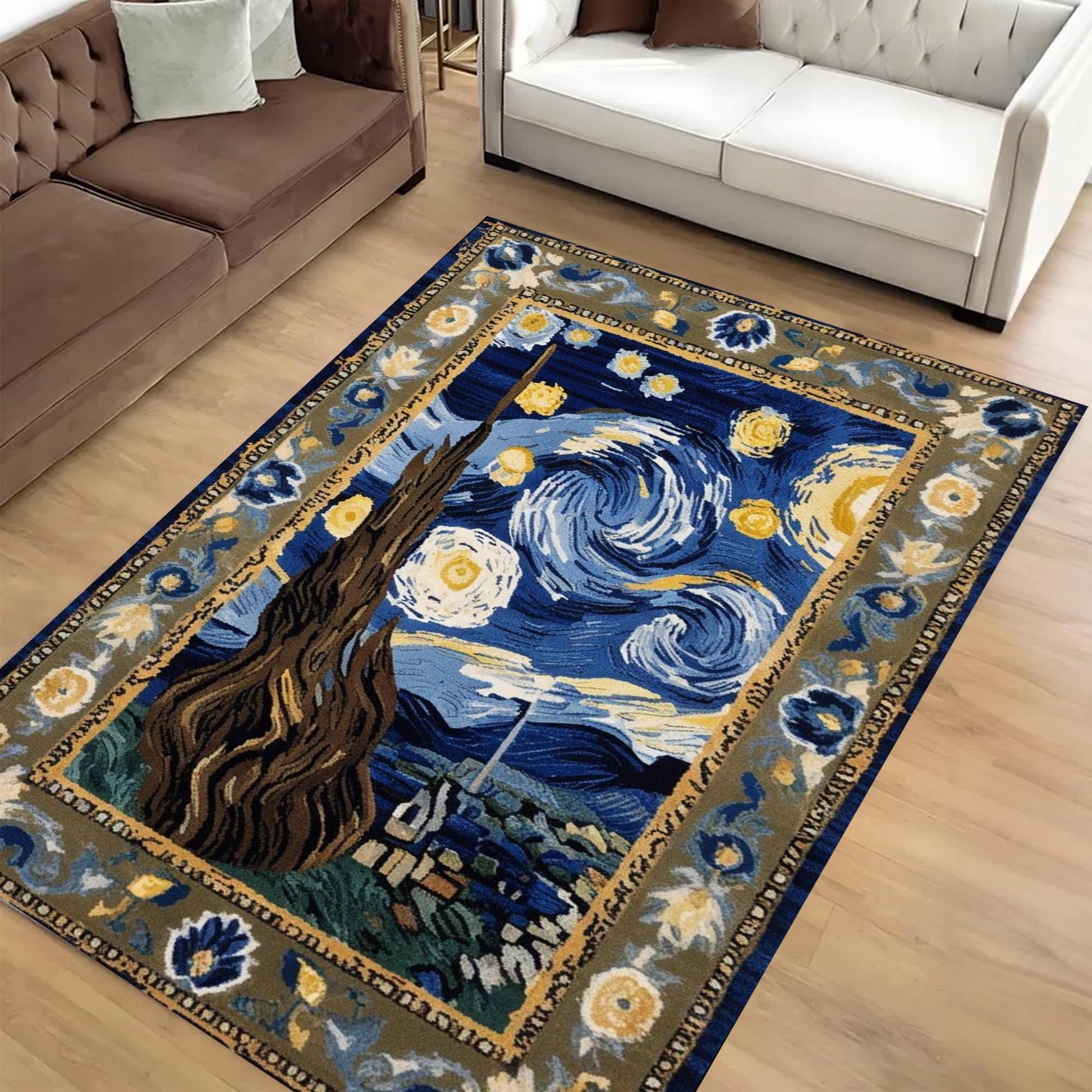 Vincent Van Gogh Starry Night Oriental Rug - Traditional Area Rug, Art-Inspired Carpet for Living Room & Bedroom Decor
