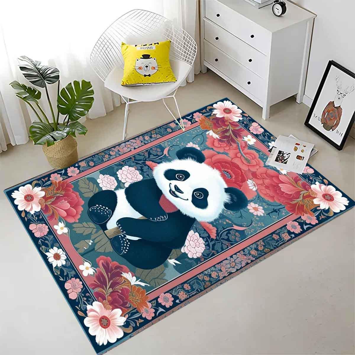 Panda Rug Floral Carpet – Maximalist Non-Slip Area Rug for Living Room, Bedroom, Girls Room Decor, Unique Gift for Panda Lovers