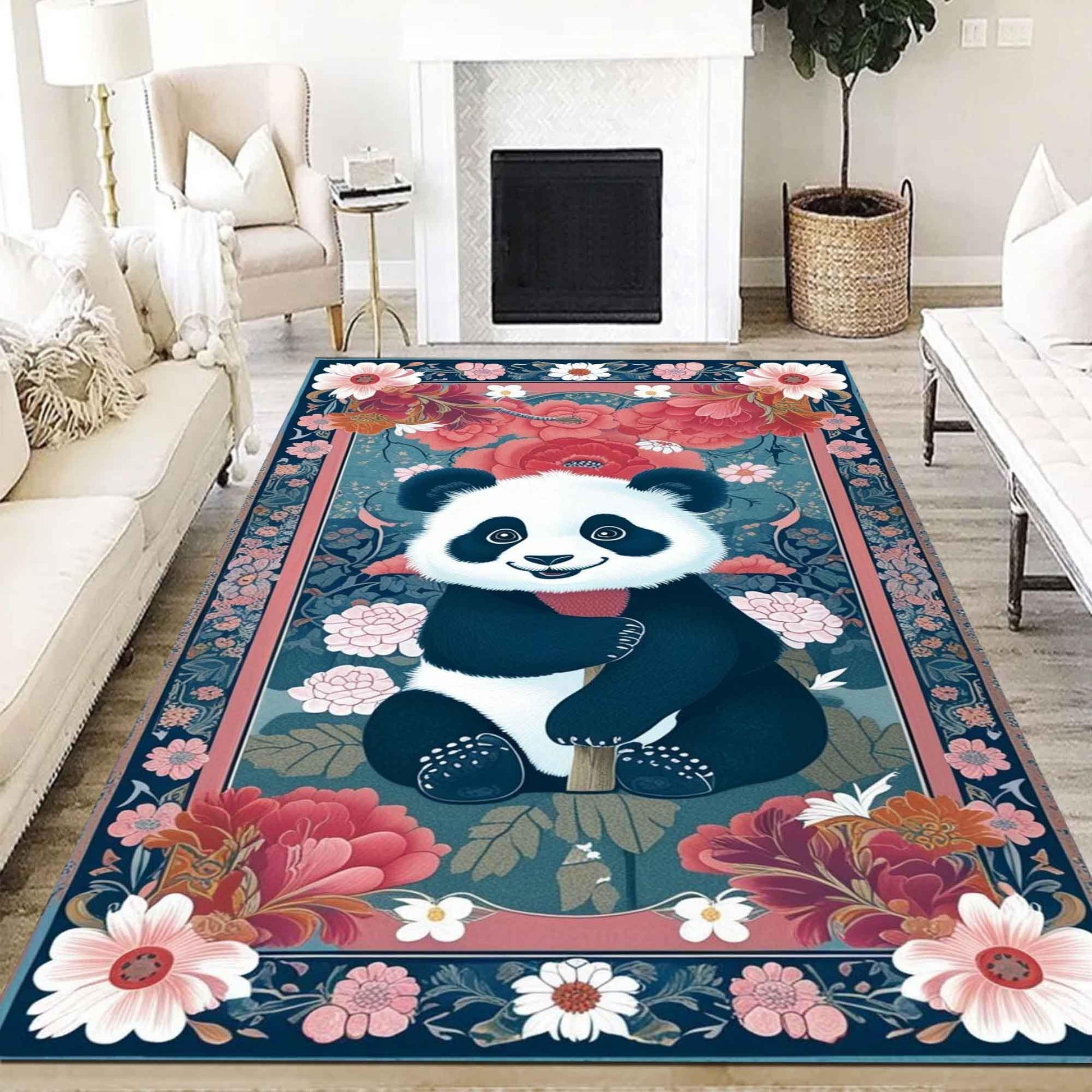 Panda Rug Floral Carpet – Maximalist Non-Slip Area Rug for Living Room, Bedroom, Girls Room Decor, Unique Gift for Panda Lovers