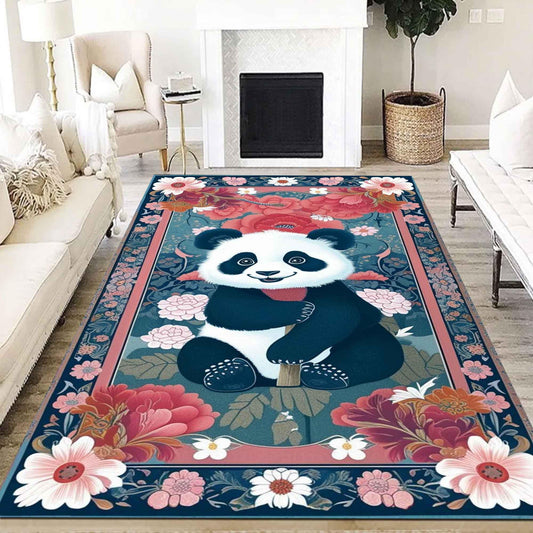 Panda Rug Floral Carpet – Maximalist Non-Slip Area Rug for Living Room, Bedroom, Girls Room Decor, Unique Gift for Panda Lovers