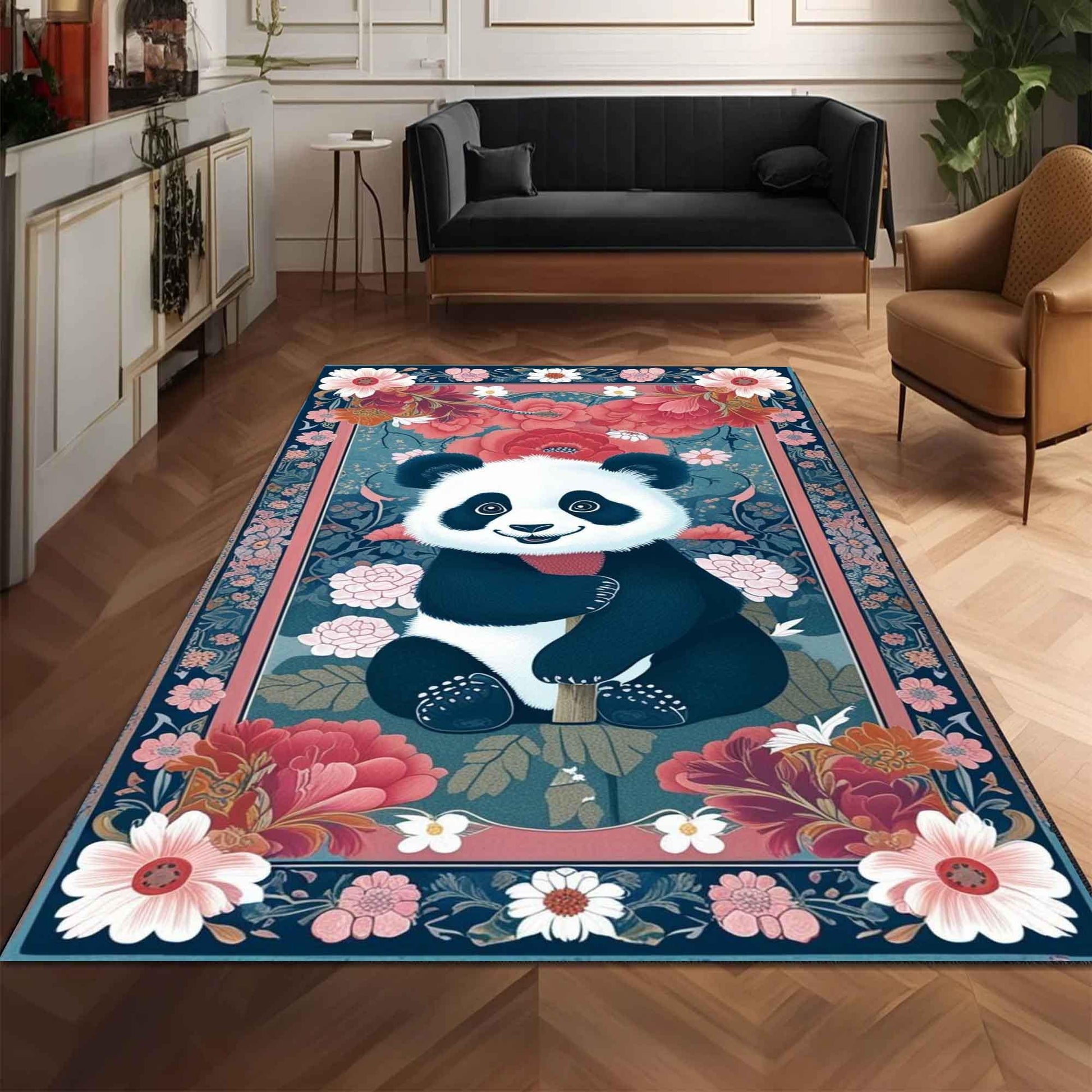 Panda Rug Floral Carpet – Maximalist Non-Slip Area Rug for Living Room, Bedroom, Girls Room Decor, Unique Gift for Panda Lovers