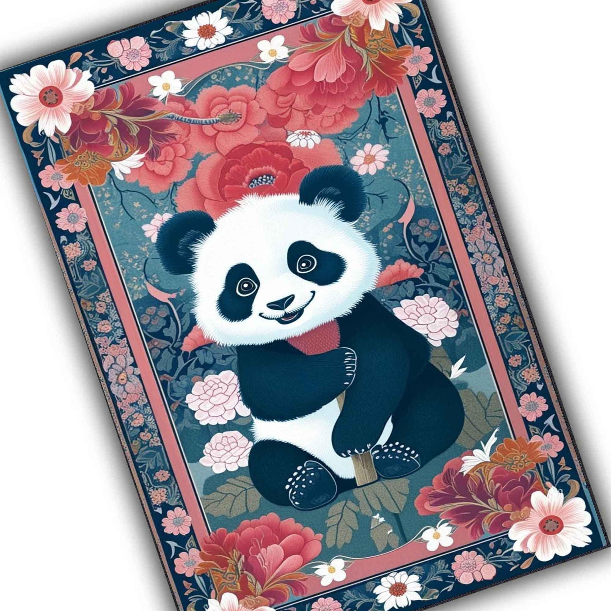 Panda Rug Floral Carpet – Maximalist Non-Slip Area Rug for Living Room, Bedroom, Girls Room Decor, Unique Gift for Panda Lovers