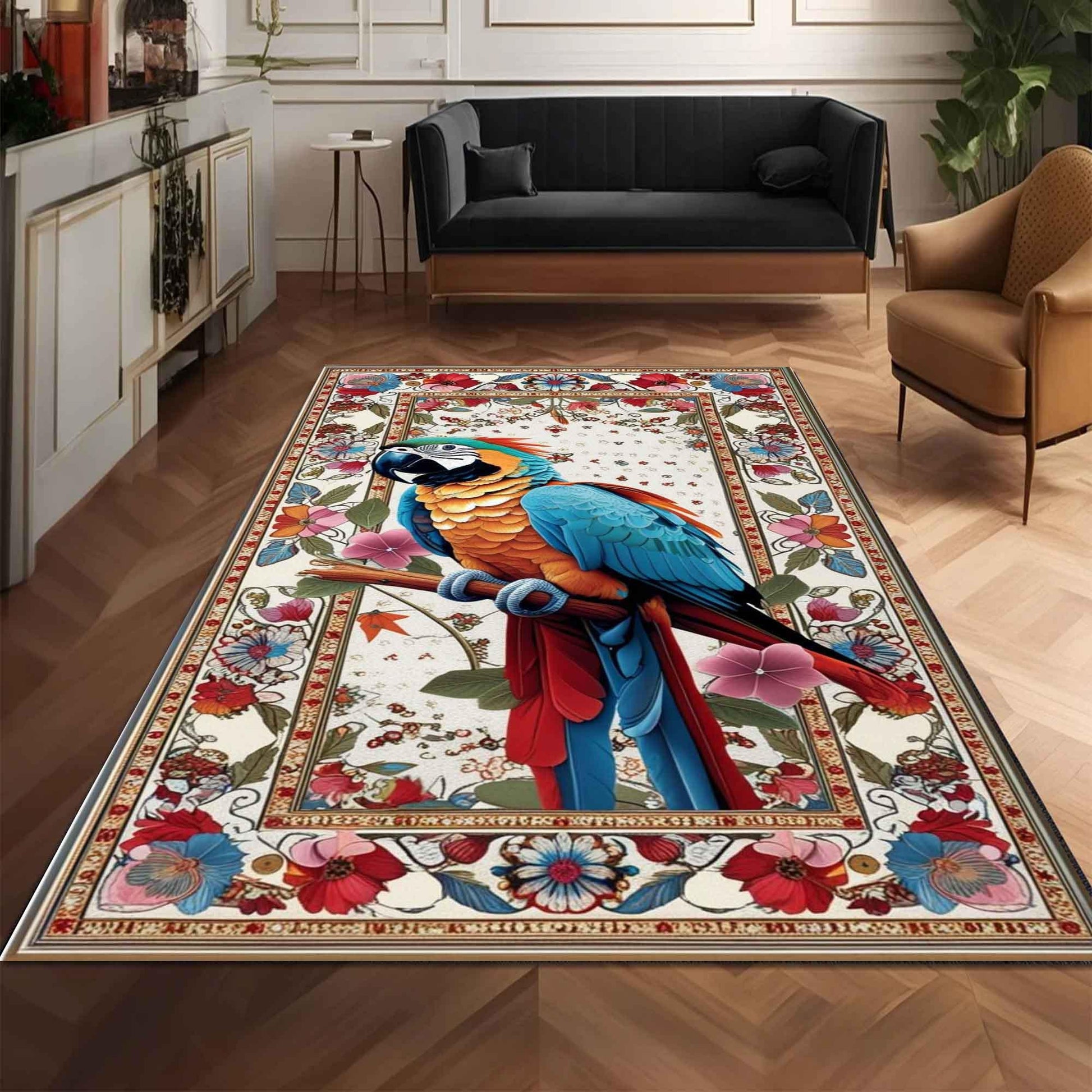 Traditional Parrot Rug with Teal & Pink Floral Accents, Rustic Wildlife Area Rug, Oriental Baby Parrot Gift, Forest Decor