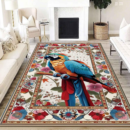 Traditional Parrot Rug with Teal & Pink Floral Accents, Rustic Wildlife Area Rug, Oriental Baby Parrot Gift, Forest Decor