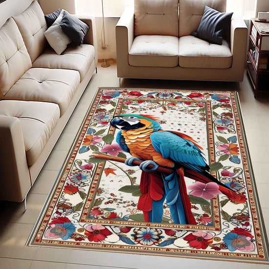 Traditional Parrot Rug with Teal & Pink Floral Accents, Rustic Wildlife Area Rug, Oriental Baby Parrot Gift, Forest Decor