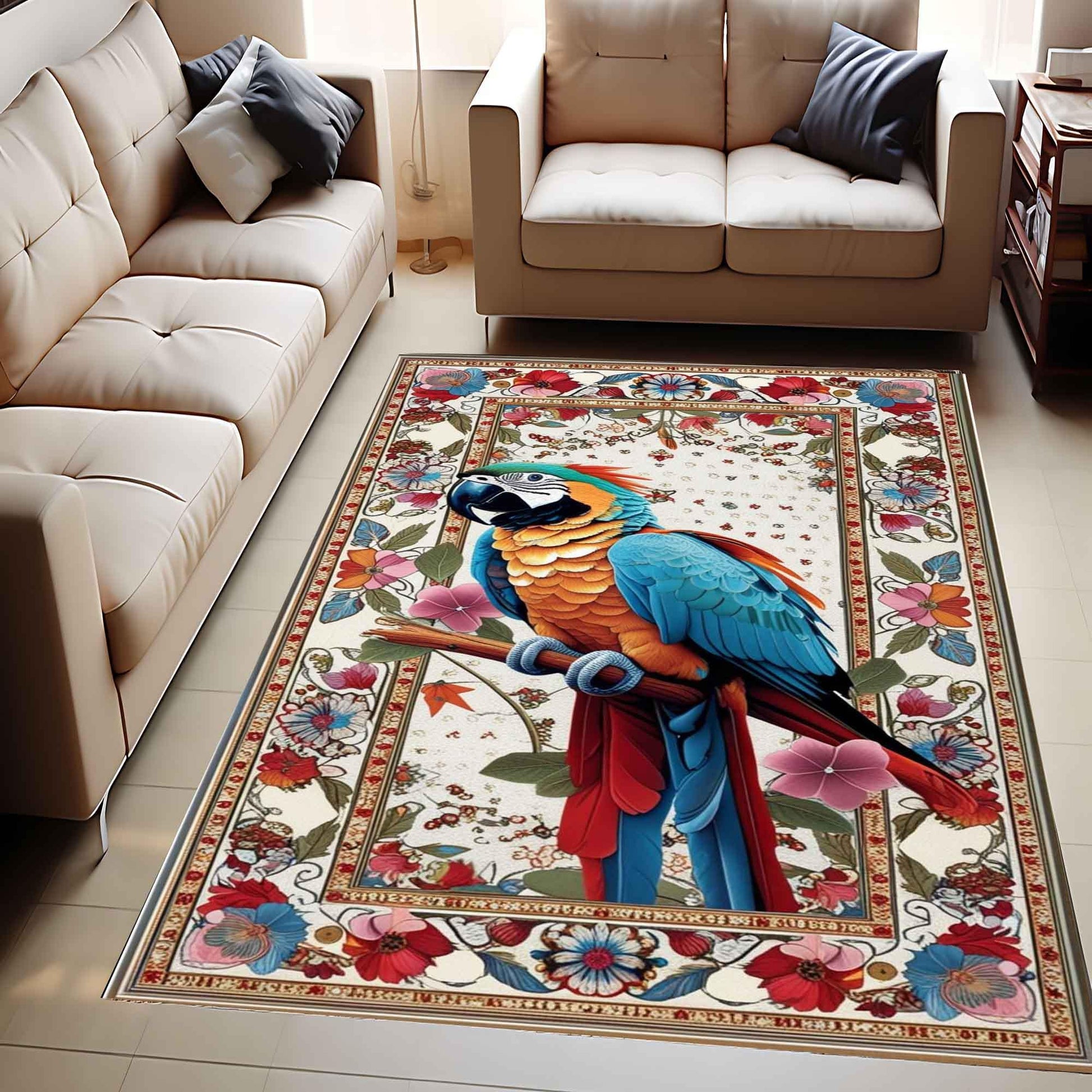 Traditional Parrot Rug with Teal & Pink Floral Accents, Rustic Wildlife Area Rug, Oriental Baby Parrot Gift, Forest Decor