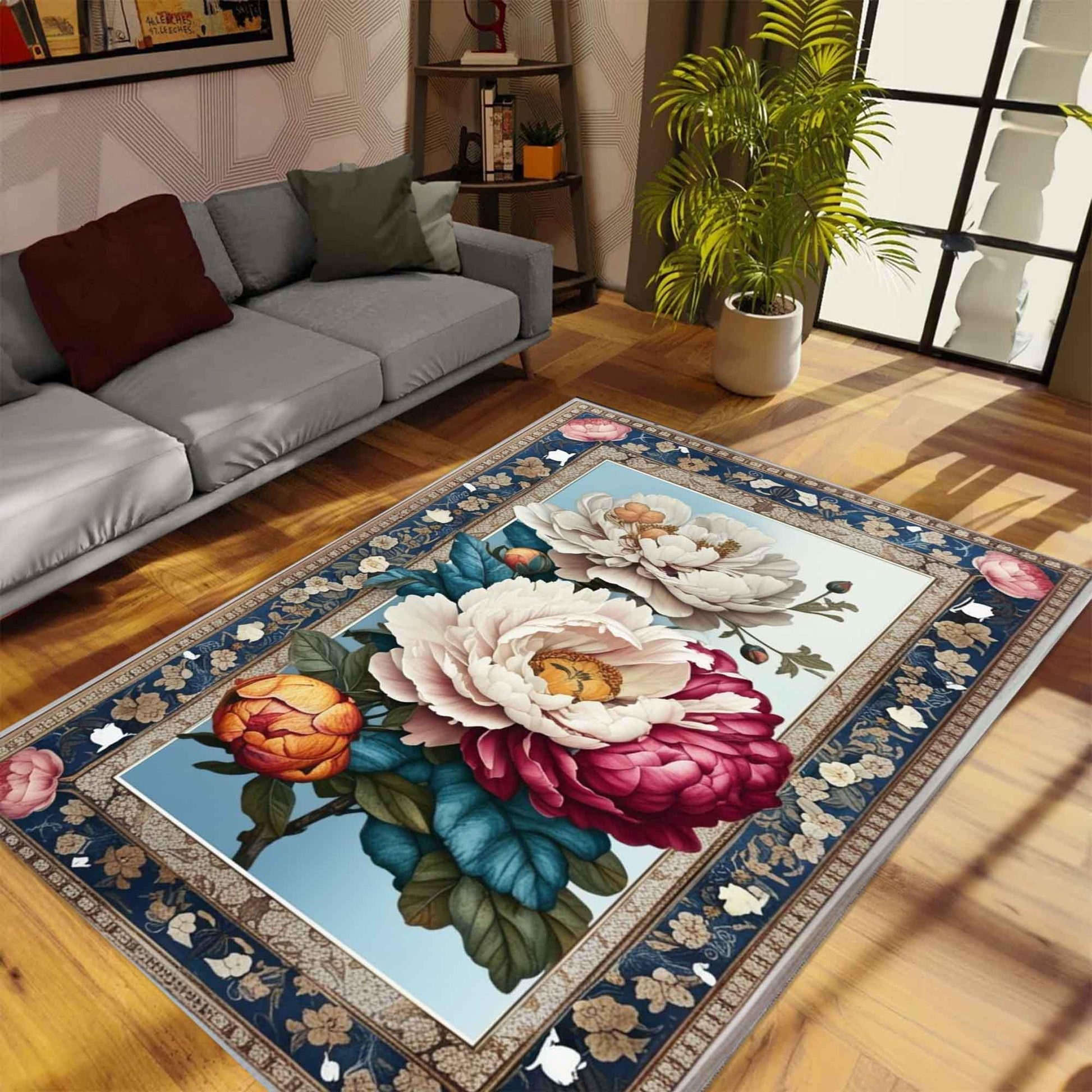 Colorful Rose Rug Floral Area Rug Rustic Traditional Flower Carpet for Living Room Bedroom Kitchen Decor, Roses Accent Carpet