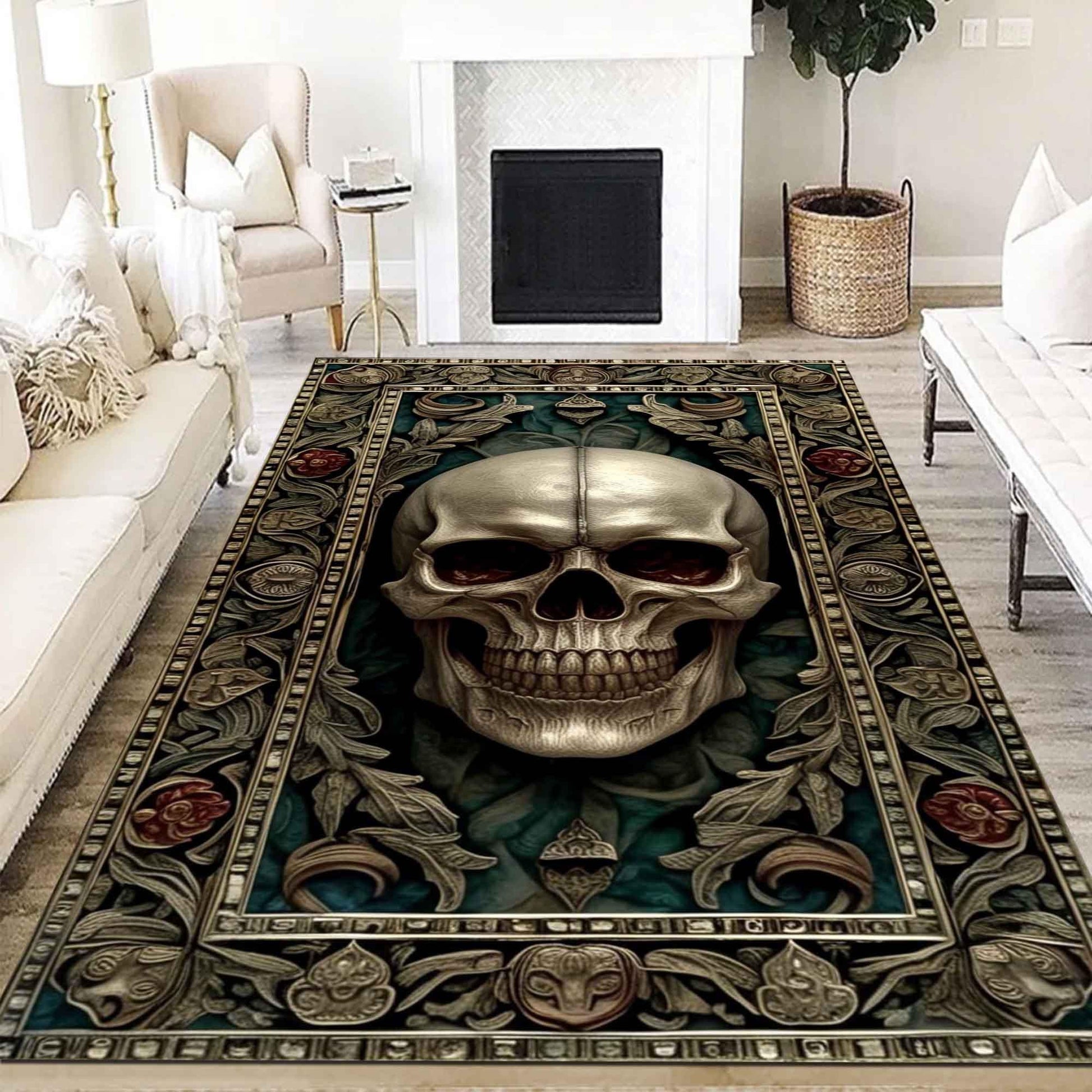 Gothic Skull Rug Vintage Occult Black Skull Area Rug Dark Academia Home Decor Halloween Decor Rug Mystical Boho Macabre Accent Mat