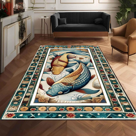 Koi Fish Rug – Colorful Japanese Design Area Rug for Living Room, Office & Home Decor, Unique Gift for Him Her, Housewarming Pond Art Carpet