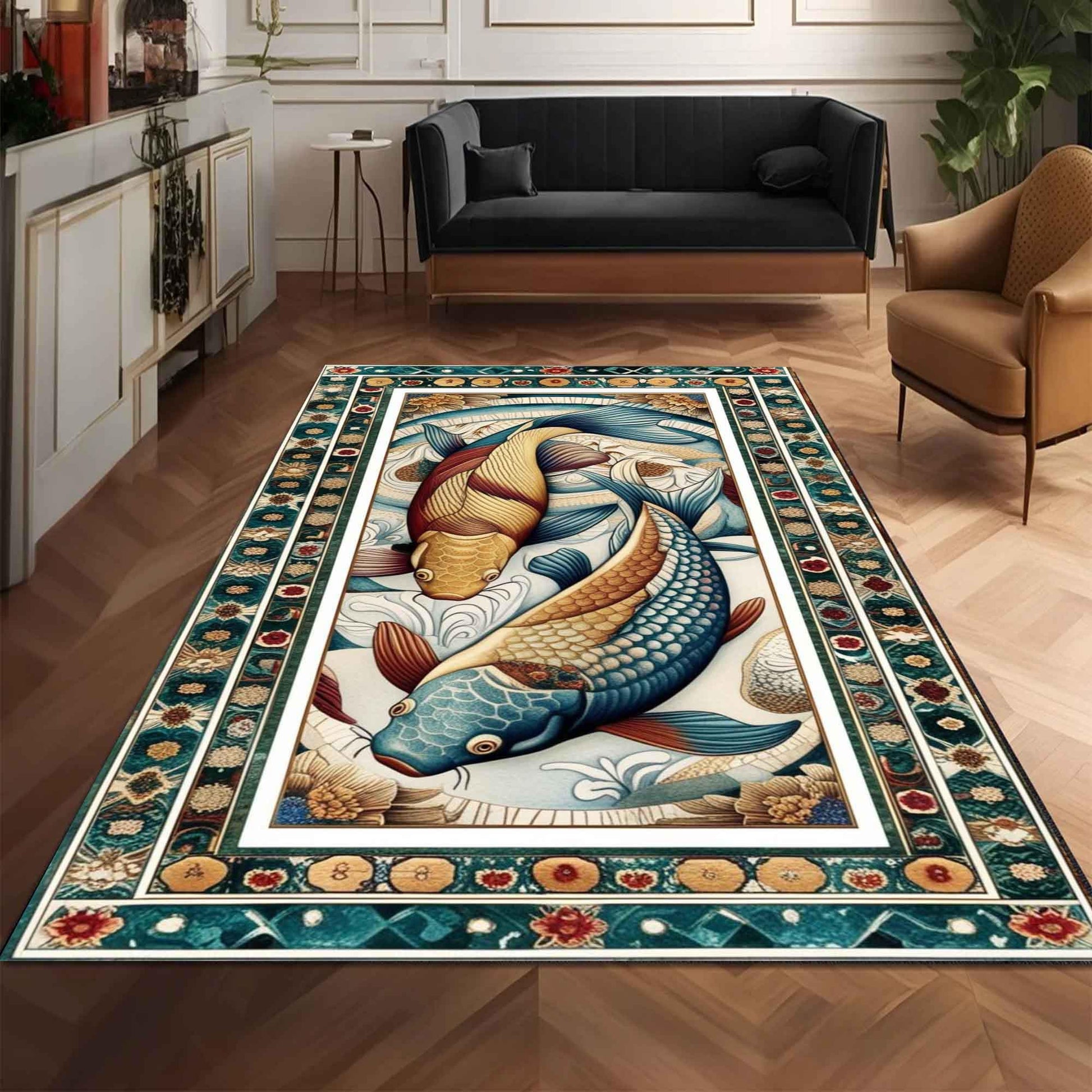 Koi Fish Rug – Colorful Japanese Design Area Rug for Living Room, Office & Home Decor, Unique Gift for Him Her, Housewarming Pond Art Carpet