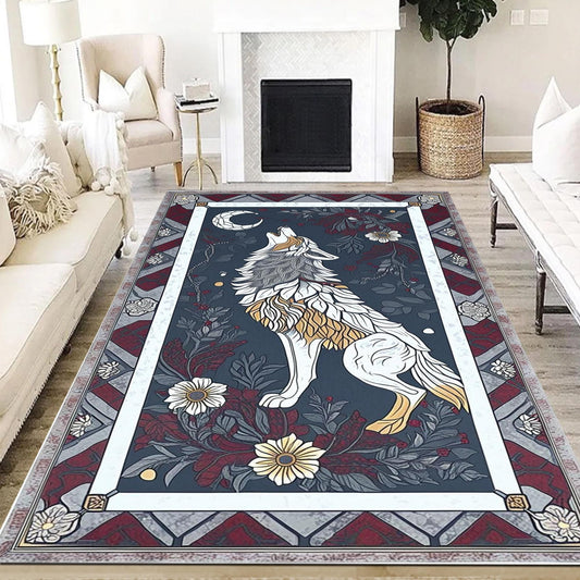 Majestic Wolf Rug with Floral Border, Realistic Non-Slip Area Rug for Rustic Homes, Cabins Nature Lovers, Washable Spirit Animal Decor Gift