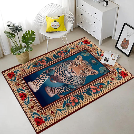 Traditional Leopard Rug, Colorful Painting Style Rustic Area Rug, Animal Print Home Decor, Unique Tribal Accent Carpet