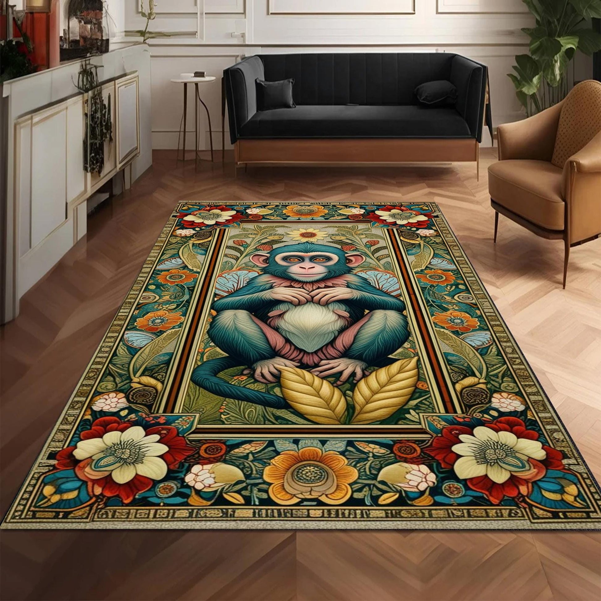 Botanical Monkey Rug Forestcore Boho Cottagecore Animal Decor Floral Bohemian Grunge Gothic Victorian Fairycore Carpet