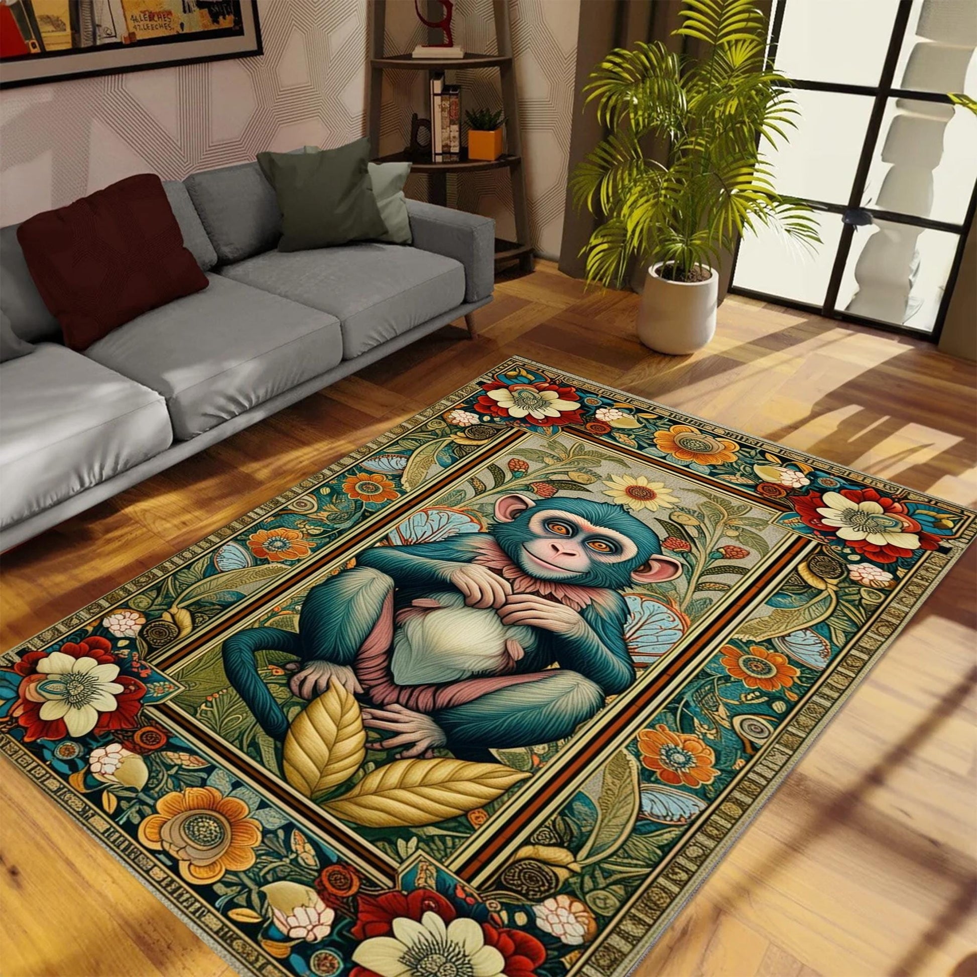 Botanical Monkey Rug Forestcore Boho Cottagecore Animal Decor Floral Bohemian Grunge Gothic Victorian Fairycore Carpet