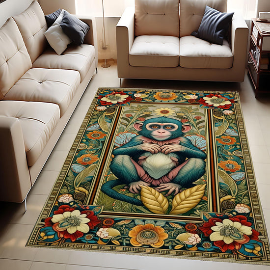 Botanical Monkey Rug Forestcore Boho Cottagecore Animal Decor Floral Bohemian Grunge Gothic Victorian Fairycore Carpet