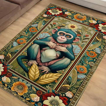 Botanical Monkey Rug Forestcore Boho Cottagecore Animal Decor Floral Bohemian Grunge Gothic Victorian Fairycore Carpet