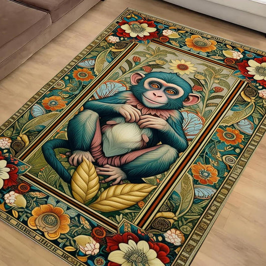 Botanical Monkey Rug Forestcore Boho Cottagecore Animal Decor Floral Bohemian Grunge Gothic Victorian Fairycore Carpet