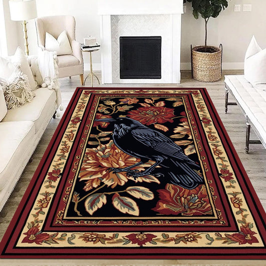 Whimsical Raven Rug Dark Brown Floral Boho Fairycore Decor | Cottagecore Crow Rug Woodland Gothic Crowcore Forestcore Aesthetic