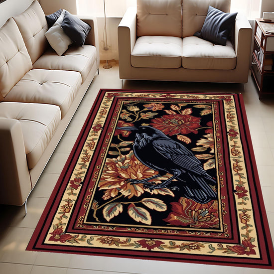 Whimsical Raven Rug Dark Brown Floral Boho Fairycore Decor | Cottagecore Crow Rug Woodland Gothic Crowcore Forestcore Aesthetic