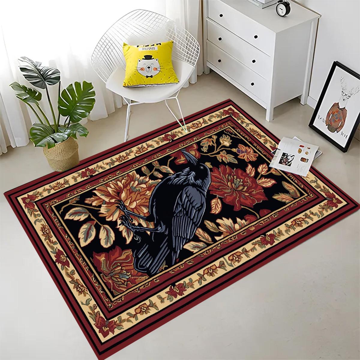 Whimsical Raven Rug Dark Brown Floral Boho Fairycore Decor | Cottagecore Crow Rug Woodland Gothic Crowcore Forestcore Aesthetic