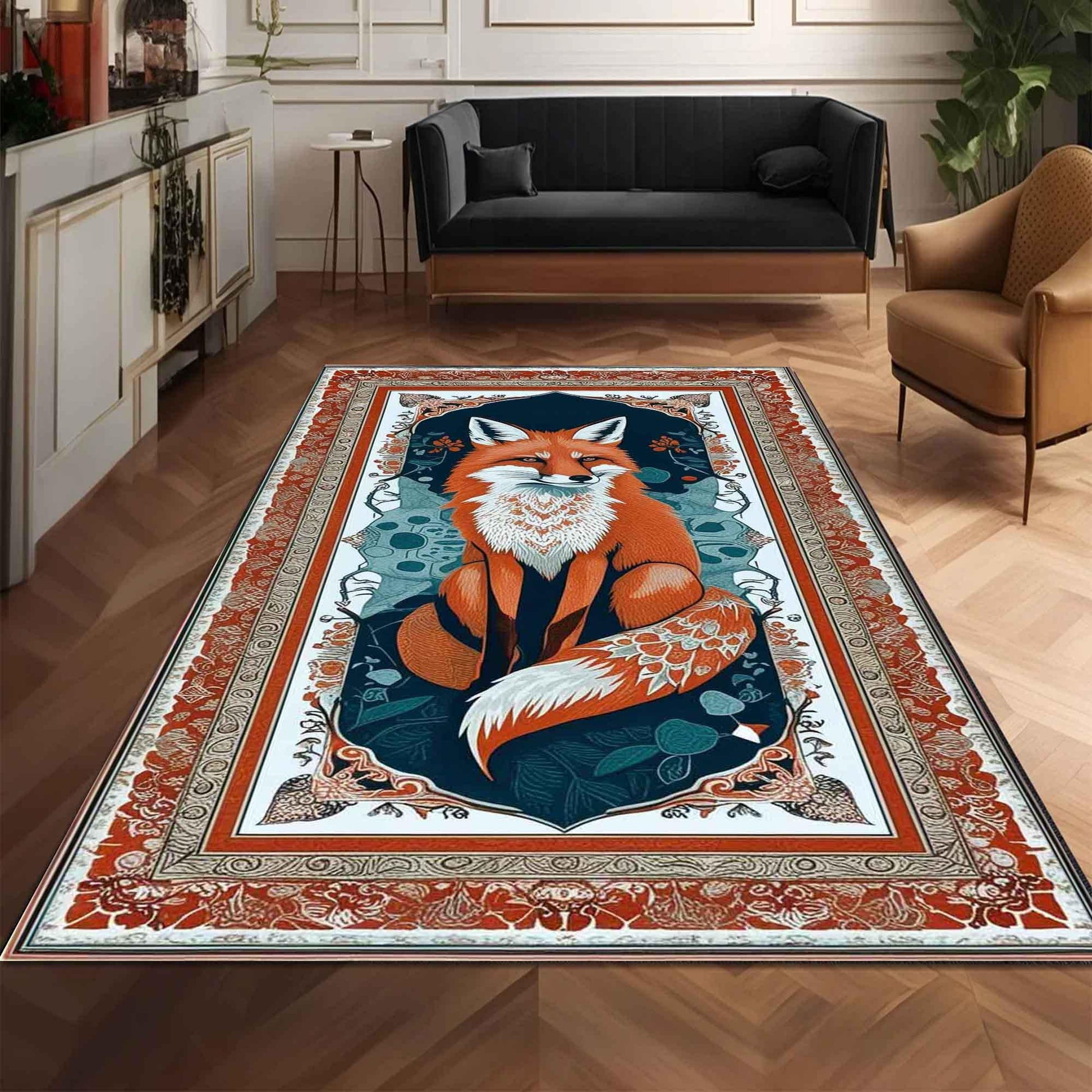 Rustic Fox Rug for Living Room - Whimsical Floral Animal Area Rug, Cute Orange Fox Decor Carpet, Vintage Kids Room Decorative Rug