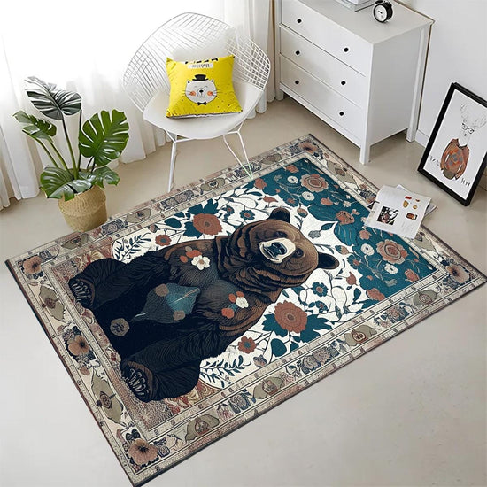 Bear Face Rug with Floral Frame, Vintage Dark Animal Area Rug for Rustic Lodge, Woodland Mountain Decor, Enchanted Grizzly Botanical Accent