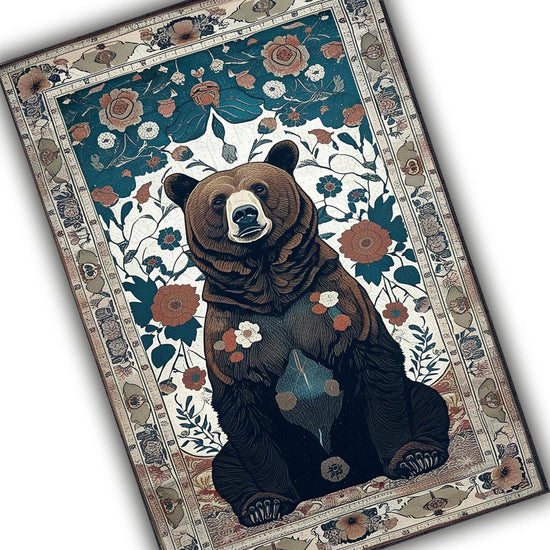 Bear Face Rug with Floral Frame, Vintage Dark Animal Area Rug for Rustic Lodge, Woodland Mountain Decor, Enchanted Grizzly Botanical Accent