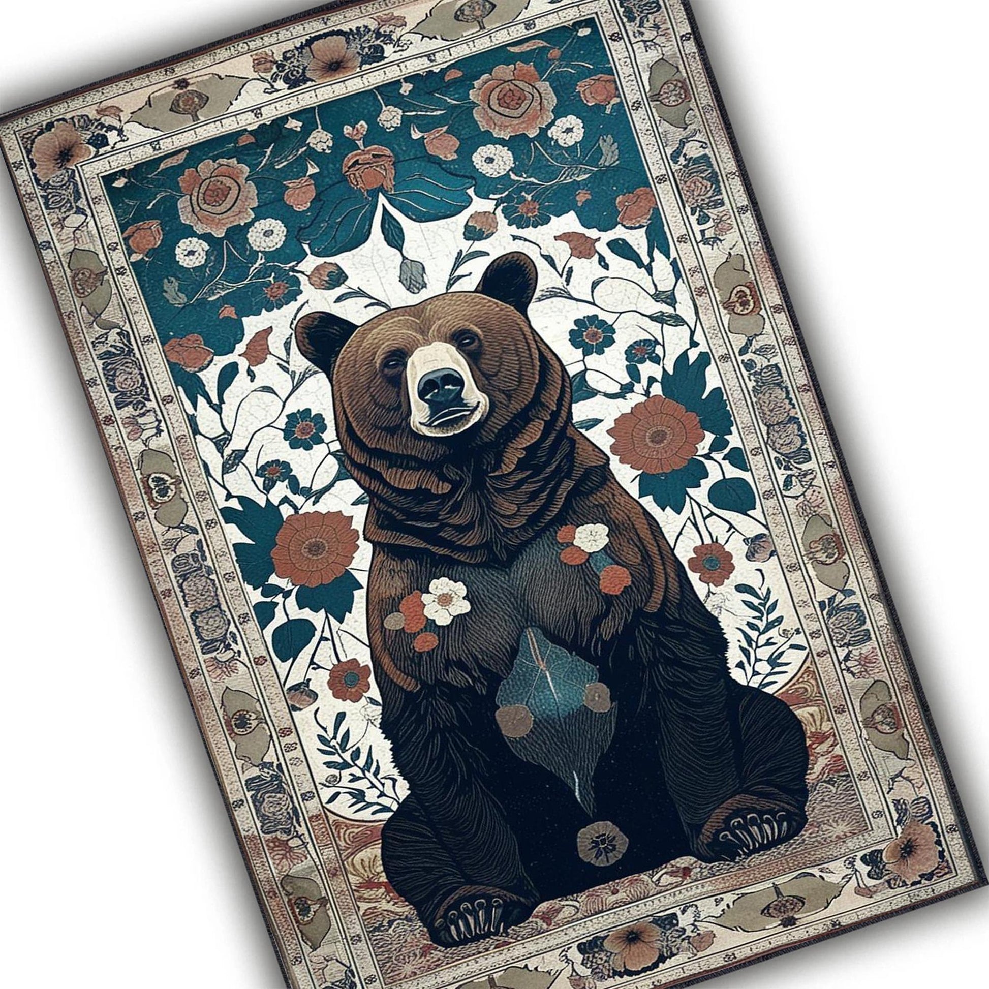 Bear Face Rug with Floral Frame, Vintage Dark Animal Area Rug for Rustic Lodge, Woodland Mountain Decor, Enchanted Grizzly Botanical Accent