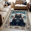 Bear Face Rug with Floral Frame, Vintage Dark Animal Area Rug for Rustic Lodge, Woodland Mountain Decor, Enchanted Grizzly Botanical Accent