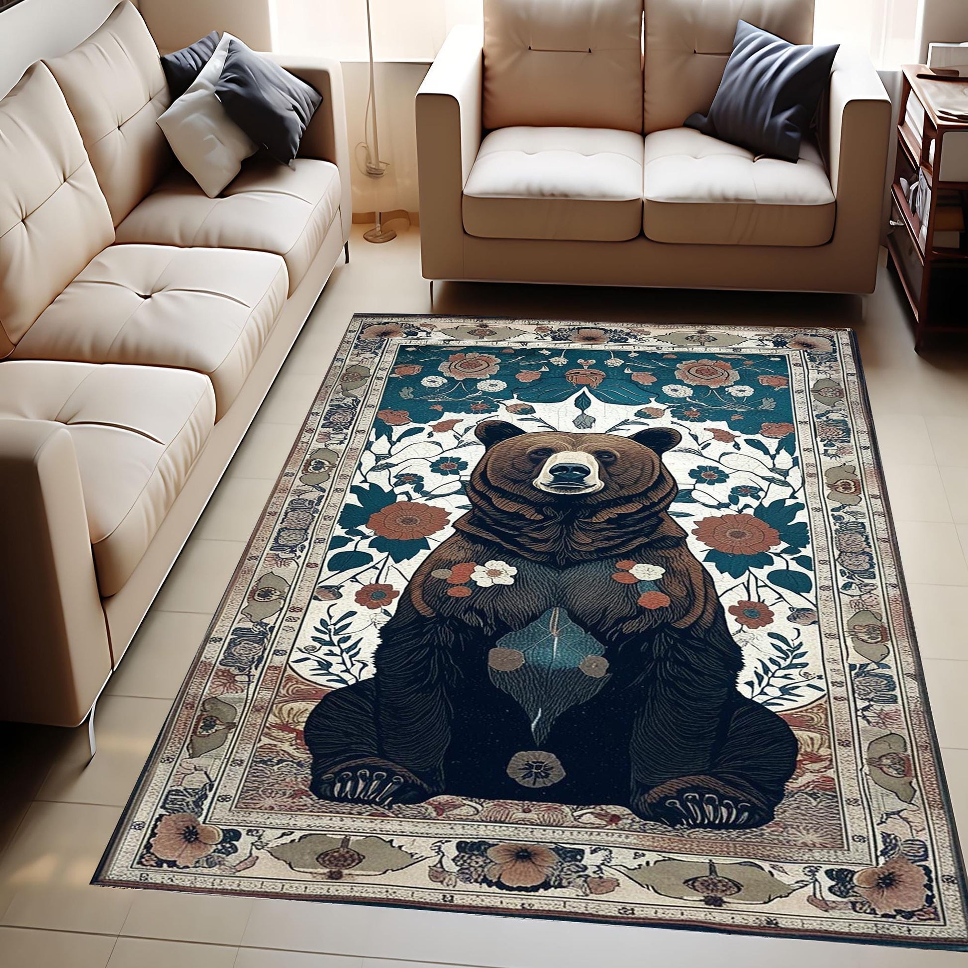 Bear Face Rug with Floral Frame, Vintage Dark Animal Area Rug for Rustic Lodge, Woodland Mountain Decor, Enchanted Grizzly Botanical Accent