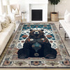 Bear Face Rug with Floral Frame, Vintage Dark Animal Area Rug for Rustic Lodge, Woodland Mountain Decor, Enchanted Grizzly Botanical Accent