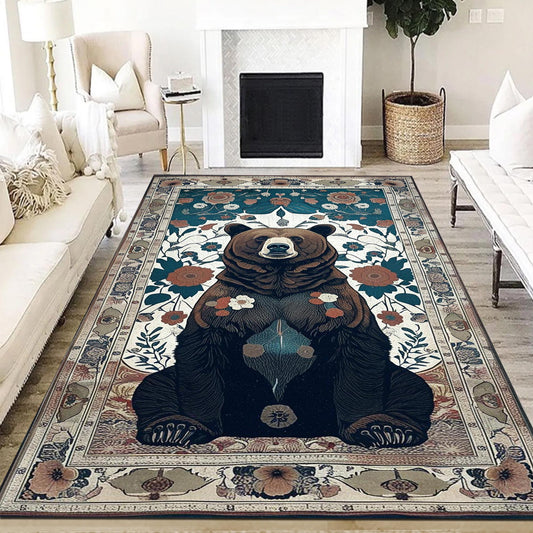 Bear Face Rug with Floral Frame, Vintage Dark Animal Area Rug for Rustic Lodge, Woodland Mountain Decor, Enchanted Grizzly Botanical Accent