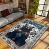 Bear Face Rug with Floral Frame, Vintage Dark Animal Area Rug for Rustic Lodge, Woodland Mountain Decor, Enchanted Grizzly Botanical Accent