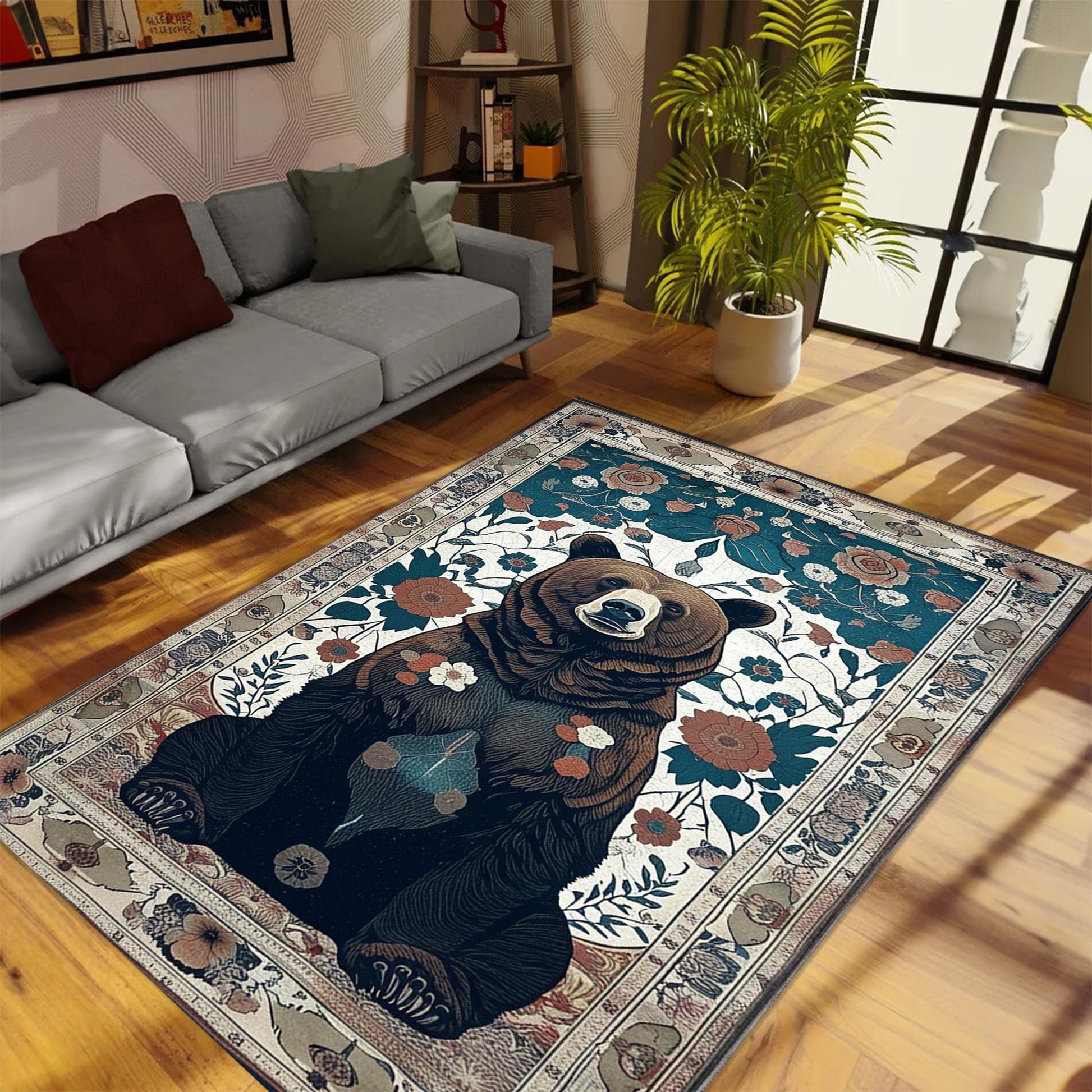 Bear Face Rug with Floral Frame, Vintage Dark Animal Area Rug for Rustic Lodge, Woodland Mountain Decor, Enchanted Grizzly Botanical Accent