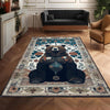 Bear Face Rug with Floral Frame, Vintage Dark Animal Area Rug for Rustic Lodge, Woodland Mountain Decor, Enchanted Grizzly Botanical Accent