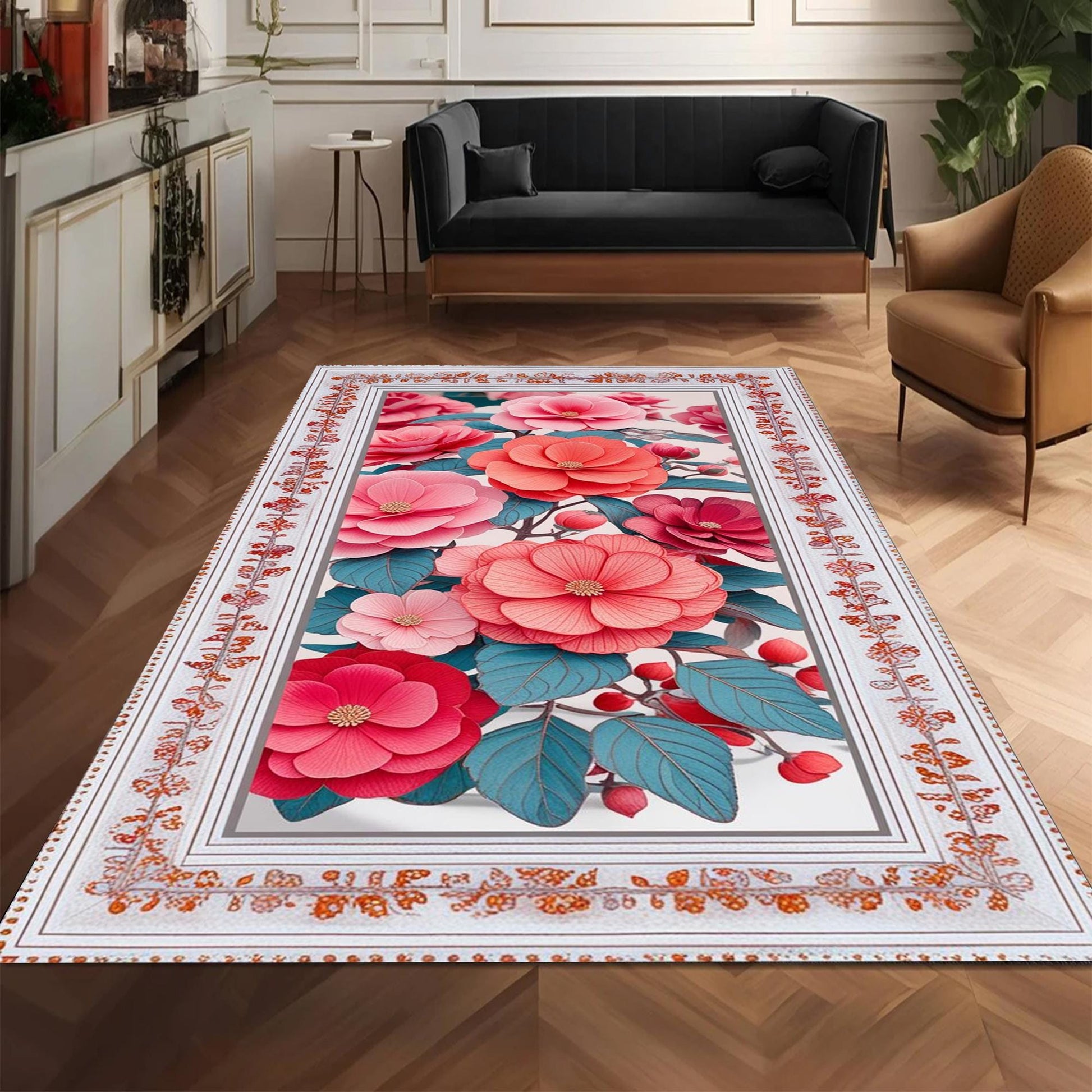 Romantic Floral Area Rug Soft Pink Botanical Carpet Shabby Chic Bedroom & Living Room Accent Mat Cottagecore Aesthetic Gift