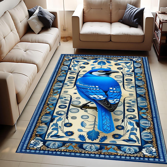 Blue Bird Rug With Floral Pattern - Designer Cottagecore Nature Rug, Washable Decorative Novelty Bird Rug for Home & Living