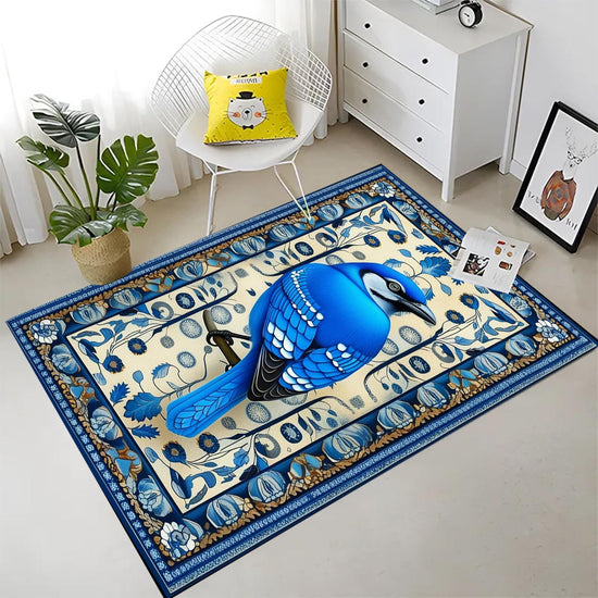 Blue Bird Rug With Floral Pattern - Designer Cottagecore Nature Rug, Washable Decorative Novelty Bird Rug for Home & Living