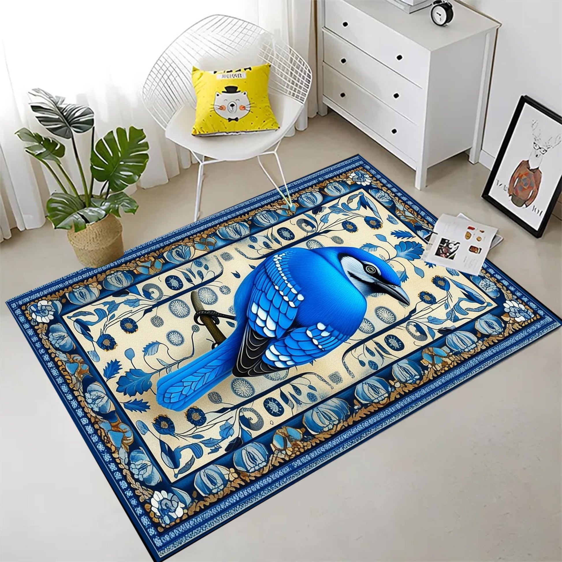 Blue Bird Rug With Floral Pattern - Designer Cottagecore Nature Rug, Washable Decorative Novelty Bird Rug for Home & Living