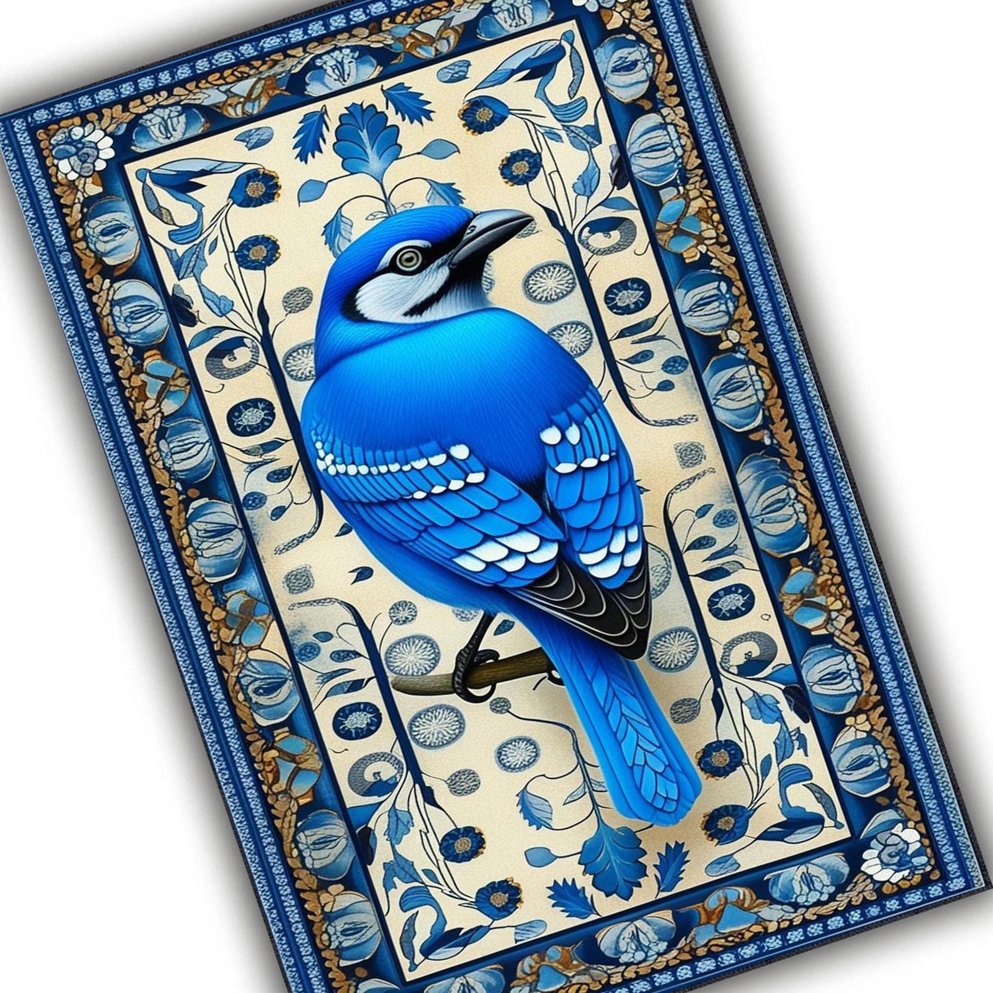 Blue Bird Rug With Floral Pattern - Designer Cottagecore Nature Rug, Washable Decorative Novelty Bird Rug for Home & Living