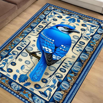 Blue Bird Rug With Floral Pattern - Designer Cottagecore Nature Rug, Washable Decorative Novelty Bird Rug for Home & Living
