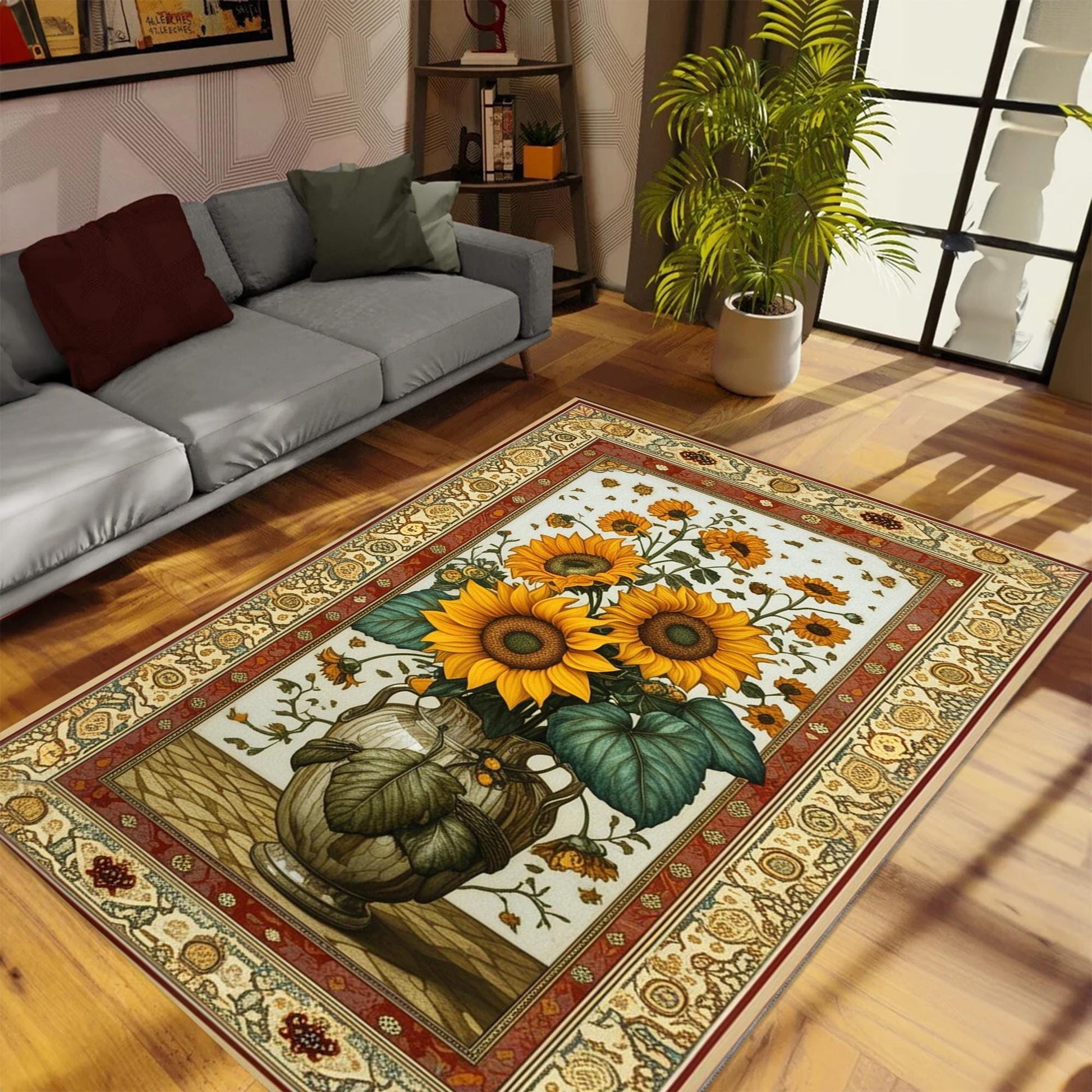Sunflower Area Rug for Living Room & Bedroom, Traditional Rustic Colorful Flowers Rug, Painting Style Floral Decor Kitchen Mat