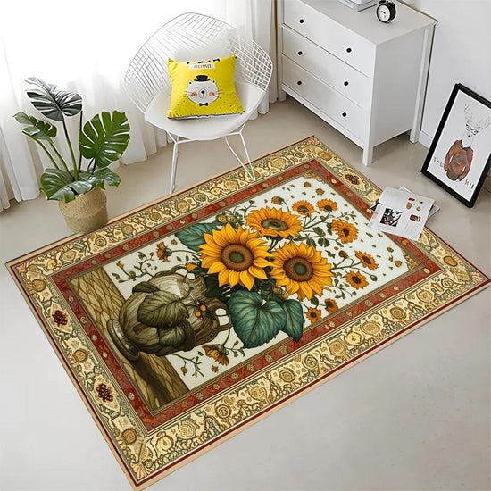 Sunflower Area Rug for Living Room & Bedroom, Traditional Rustic Colorful Flowers Rug, Painting Style Floral Decor Kitchen Mat